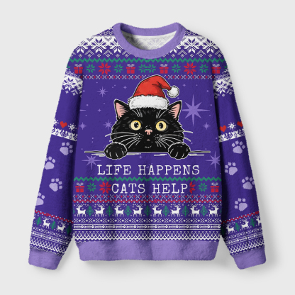 Tokyo-Tiger Santa Black Cat Fuzzy Christmas Ugly Sweatshirt