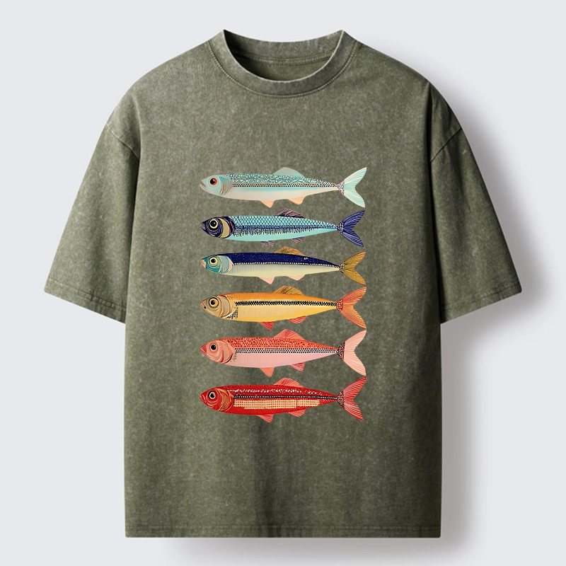 Tokyo‑Tiger Colorful Fish Stack Washed T‑Shirt