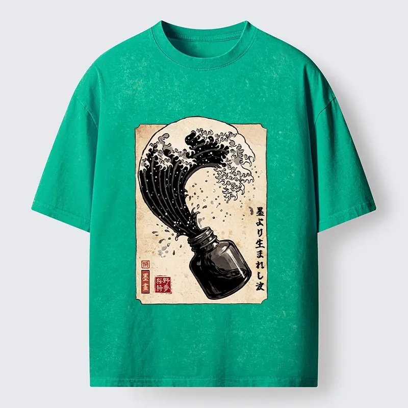 Tokyo‑Tiger Ink Wave Bottle Art Washed T‑Shirt