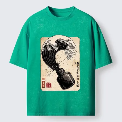 Tokyo‑Tiger Ink Wave Bottle Art Washed T‑Shirt
