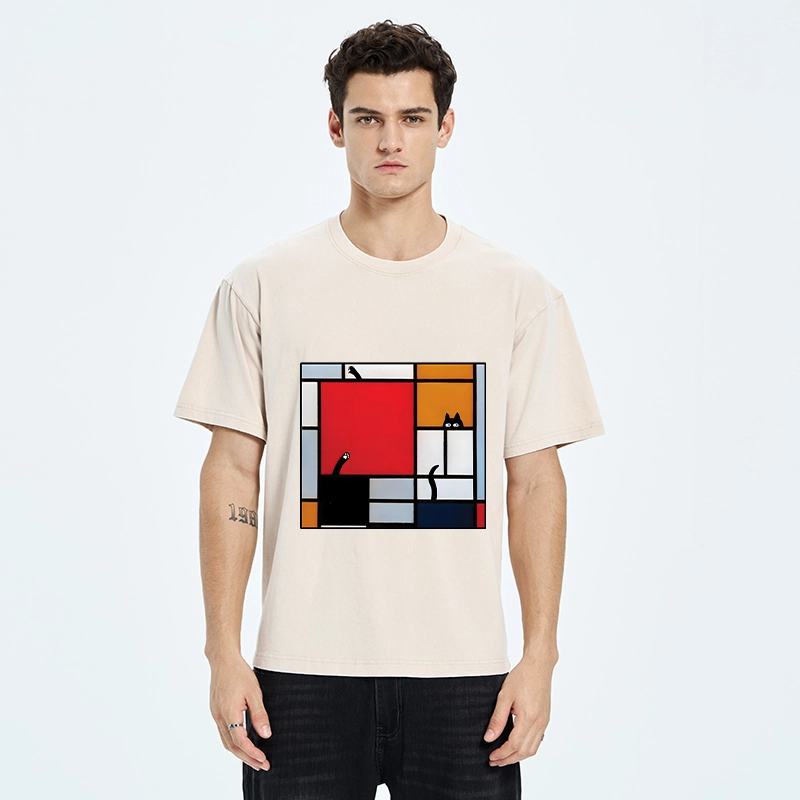 Tokyo-Tiger Geometric Cat Hide And Seek Washed T-Shirt