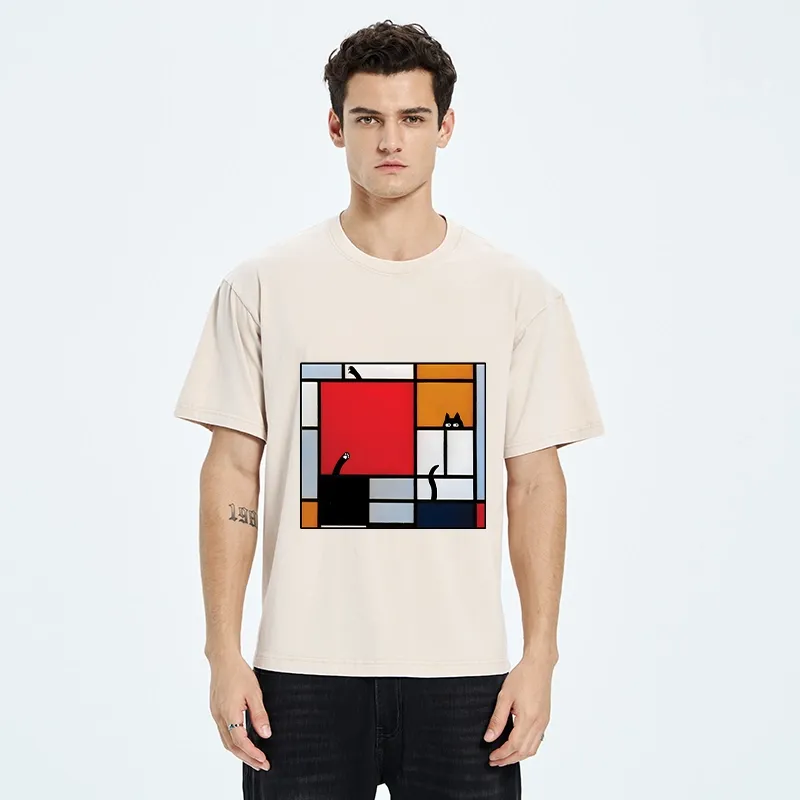 Tokyo-Tiger Geometric Cat Hide And Seek Washed T-Shirt