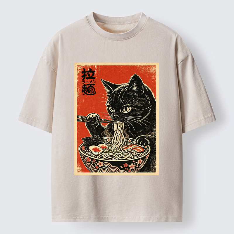 Tokyo‑Tiger Japanese Ramen Cat Art Washed T‑Shirt Sale