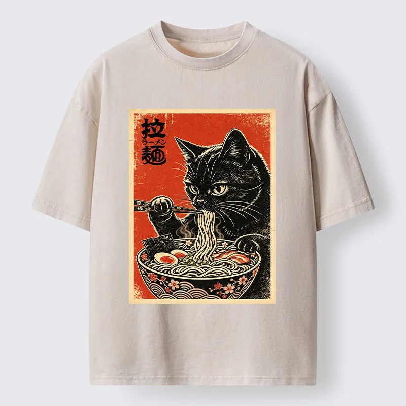 Tokyo-Tiger Japanese Ramen Cat Art Washed T-Shirt
