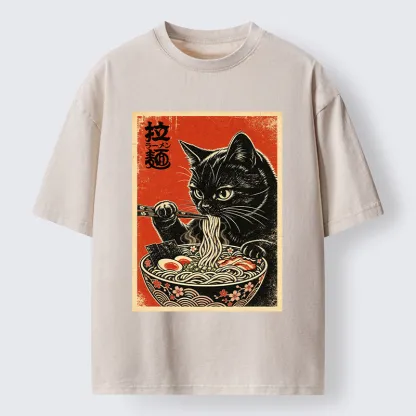 Tokyo-Tiger Japanese Ramen Cat Art Washed T-Shirt