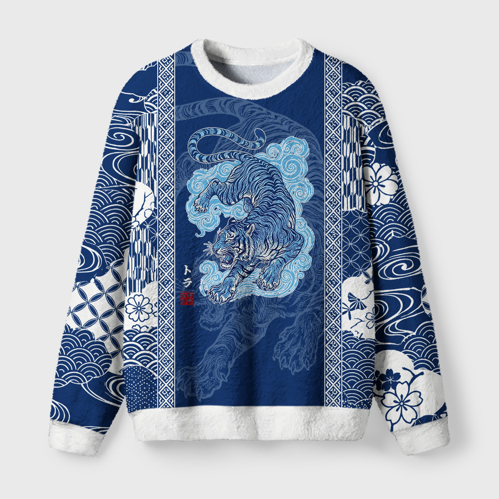 Tokyo-Tiger Japanese Blue Tiger Wave Art Fuzzy Christmas Ugly Sweatshirt
