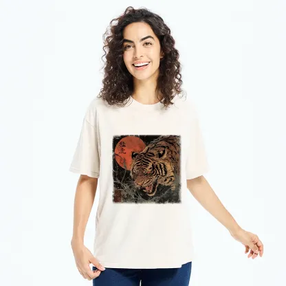 Tokyo-Tiger Fierce Tiger Red Moon Art Washed T-Shirt