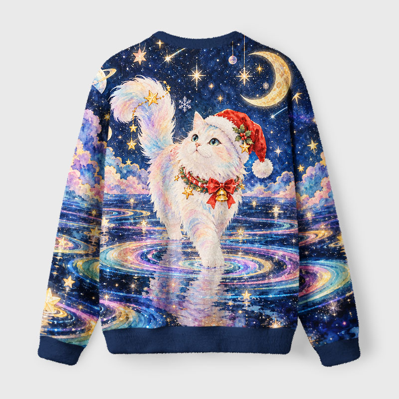 Tokyo-Tiger Starry Moon Cat Fuzzy Christmas Ugly Sweatshirt