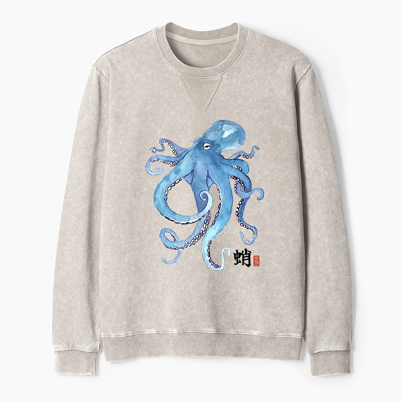 Tokyo-Tiger Watercolor Blue Octopus Washed Terry Sweatshirt