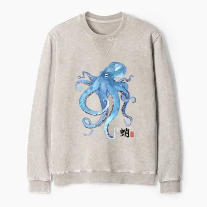 Tokyo-Tiger Watercolor Blue Octopus Washed Terry Sweatshirt