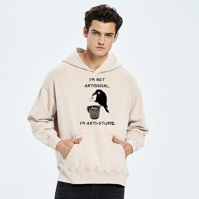 Tokyo-Tiger Cool Crow Sips Calm Coffee Alone Washed Hoodie