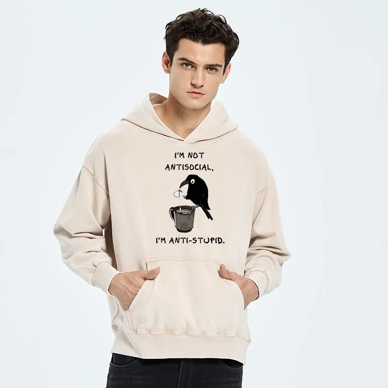 Tokyo-Tiger Cool Crow Sips Calm Coffee Alone Washed Hoodie
