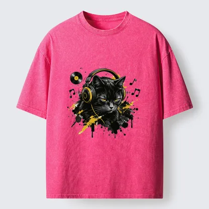 Tokyo-Tiger Black Cat Music Lover Washed T-Shirt