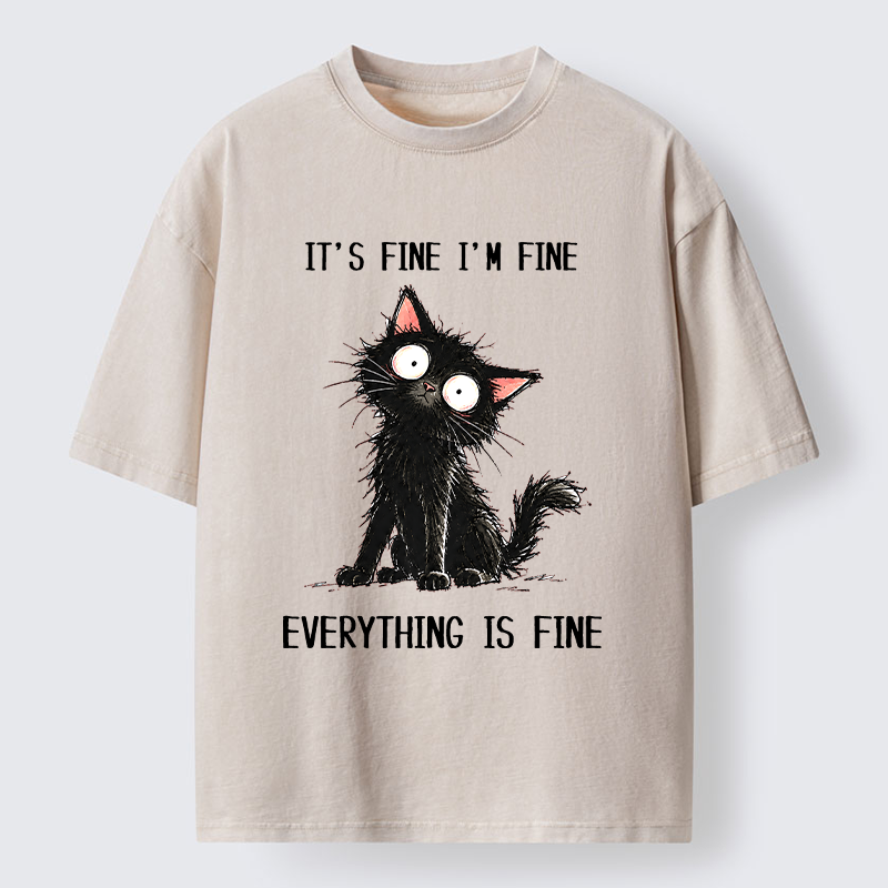 Tokyo-Tiger It's Fine Black Cat Meme Washed T-Shirt