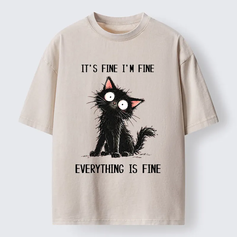 Tokyo‑Tiger It's Fine Black Cat Meme Washed T‑Shirt Sale