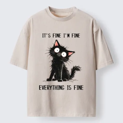 Tokyo-Tiger It's Fine Black Cat Meme Washed T-Shirt