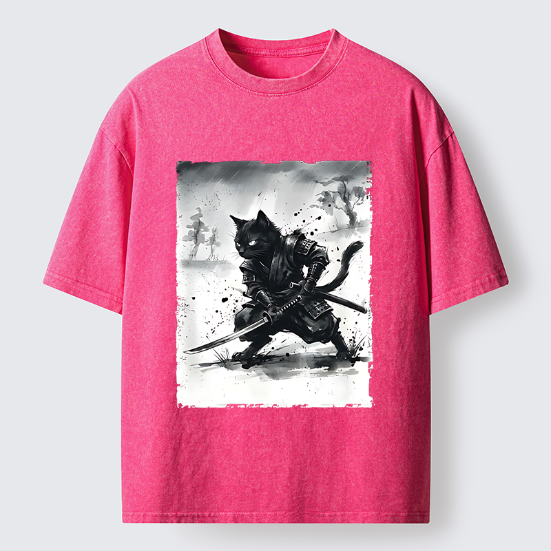 Tokyo-Tiger Ink Samurai Cat Art Washed T-Shirt