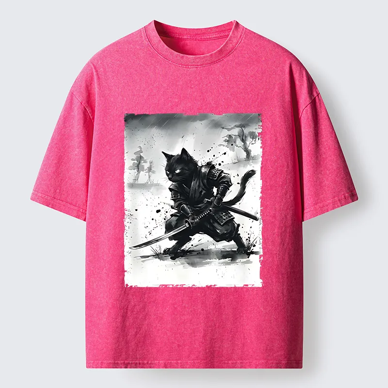 Tokyo-Tiger Ink Samurai Cat Art Washed T-Shirt
