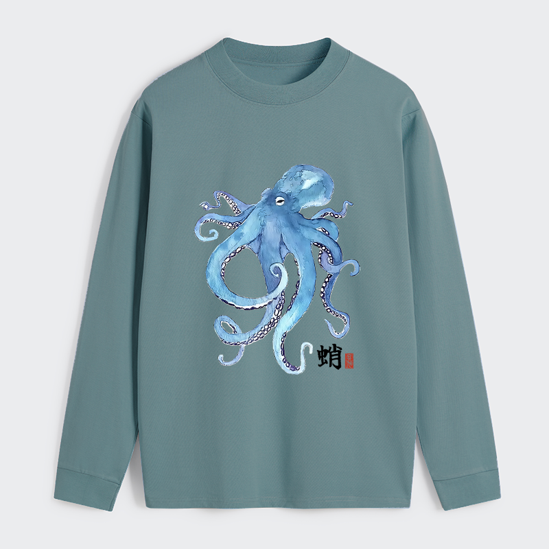 Tokyo-Tiger Watercolor Blue Octopus Classic Long Sleeve T-Shirt