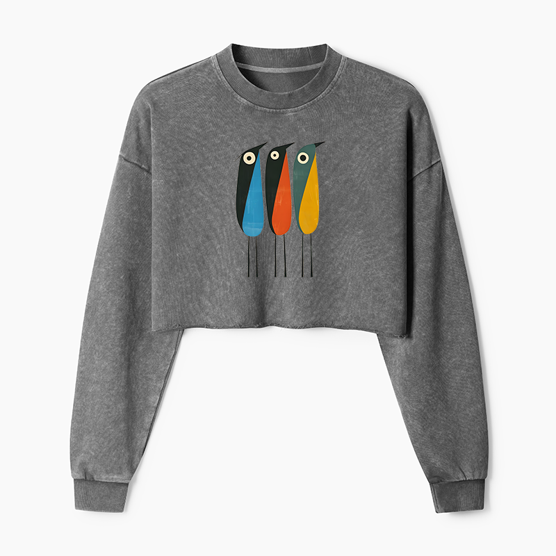 Tokyo-Tiger Bold Shape Birds Washed Crop Sweatshirt