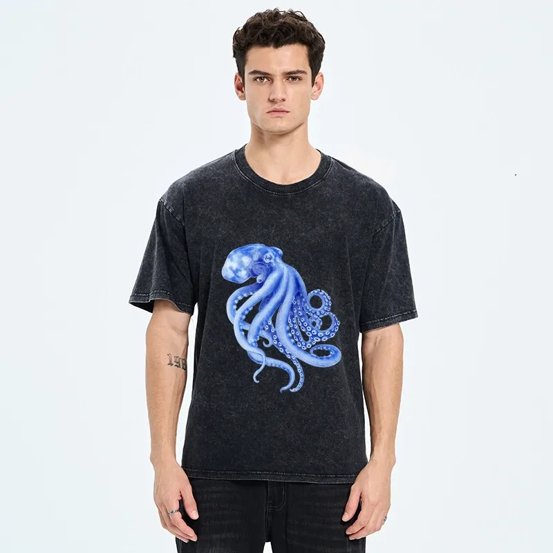 Tokyo-Tiger Retro Blue Octopus Washed T-Shirt
