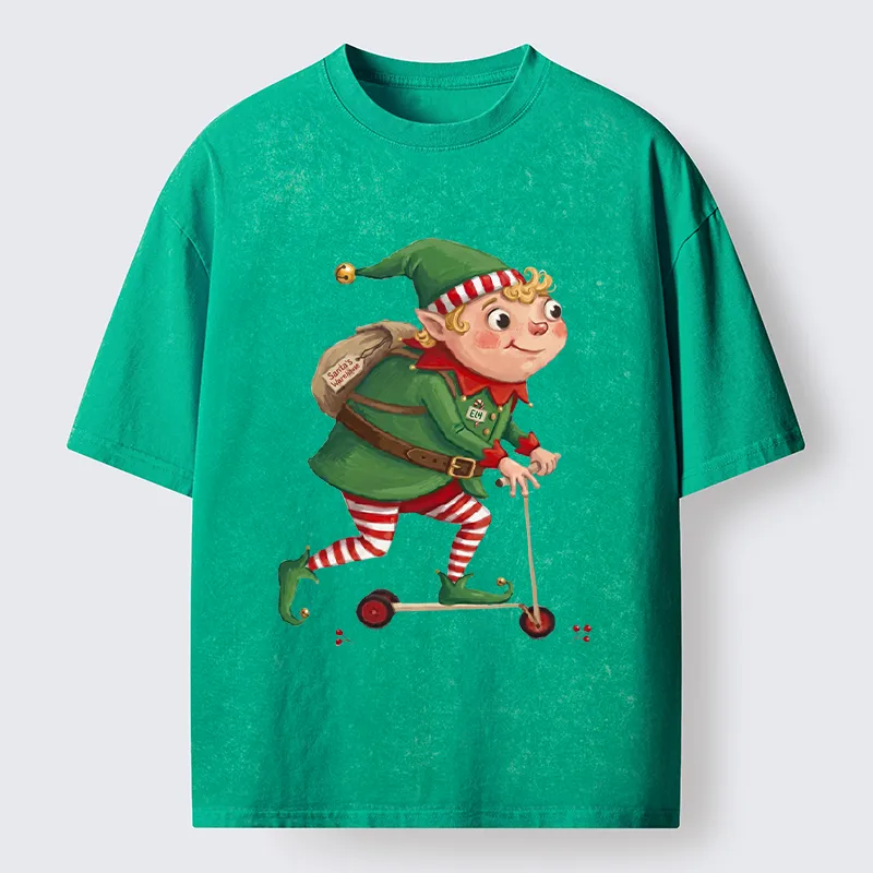 Tokyo-Tiger Christmas Elf Scooter Ride Washed T-Shirt