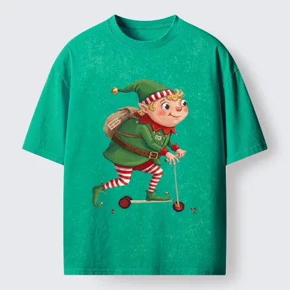Tokyo-Tiger Christmas Elf Scooter Ride Washed T-Shirt