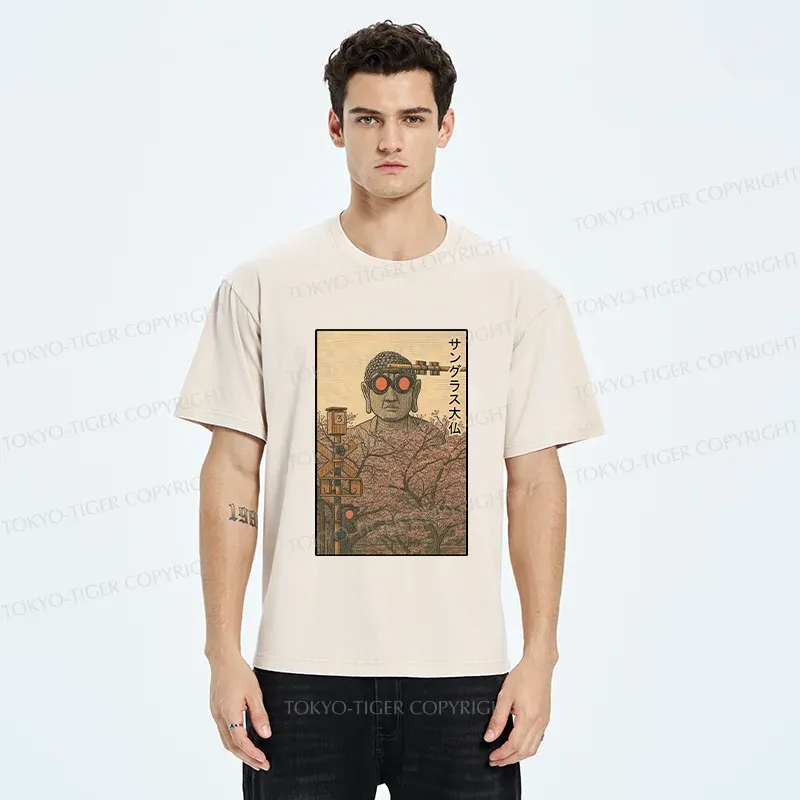 Tokyo-Tiger Buddha Statue Wearing Sunglasses Washed T-Shirt