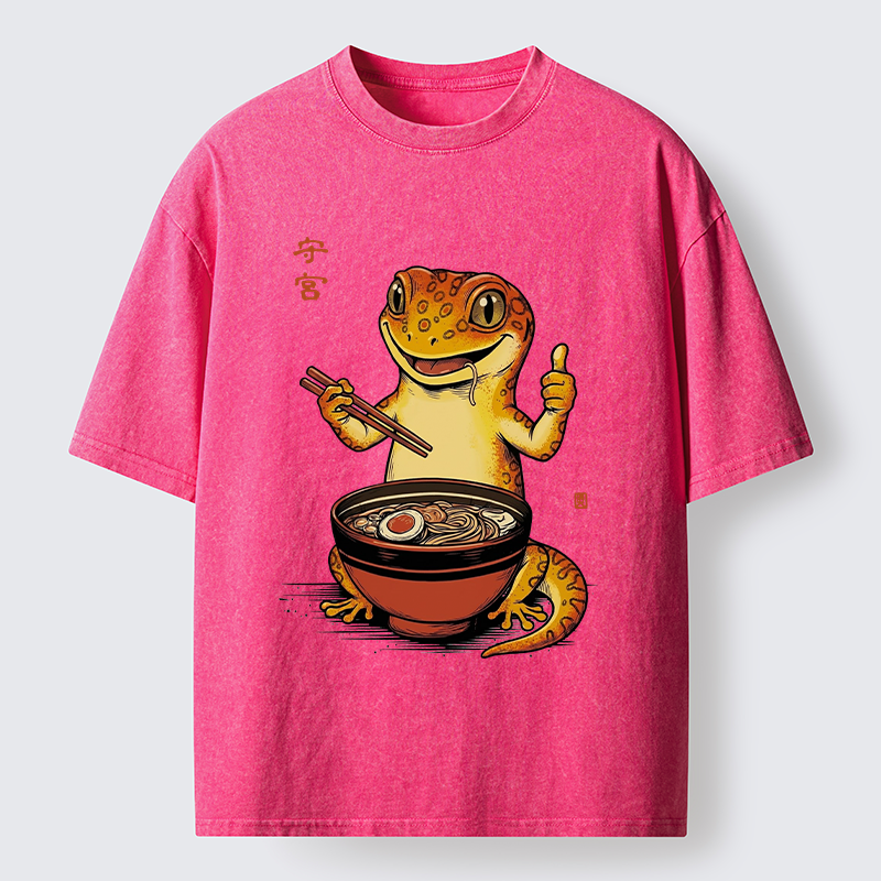 Tokyo-Tiger Japanese Gecko Eating Ramen Washed T-Shirt
