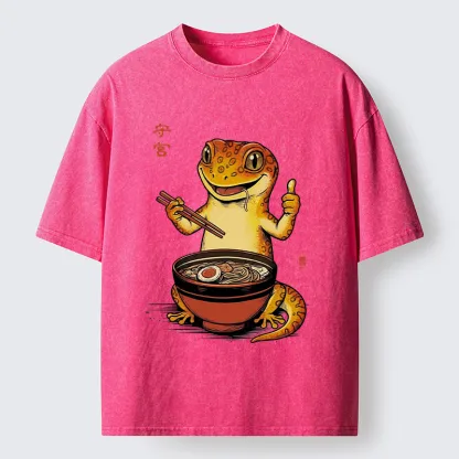 Tokyo-Tiger Japanese Gecko Eating Ramen Washed T-Shirt