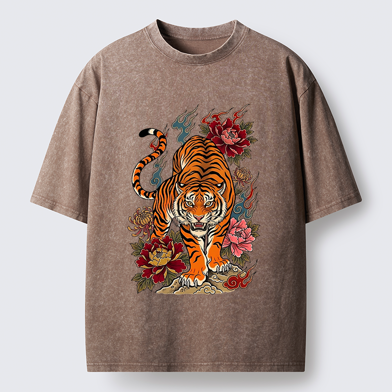 Tokyo-Tiger Floral Tiger Art Washed T-Shirt