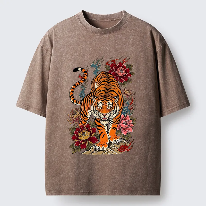 Tokyo-Tiger Floral Tiger Art Washed T-Shirt