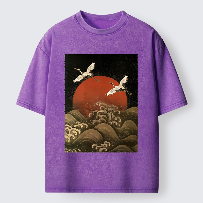 Tokyo-Tiger Japanese Crane Wave Art Washed T-Shirt