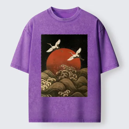 Tokyo-Tiger Japanese Crane Wave Art Washed T-Shirt