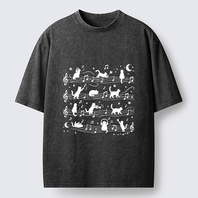 Tokyo-Tiger Music Staff Cats Funny Meme Washed T-Shirt