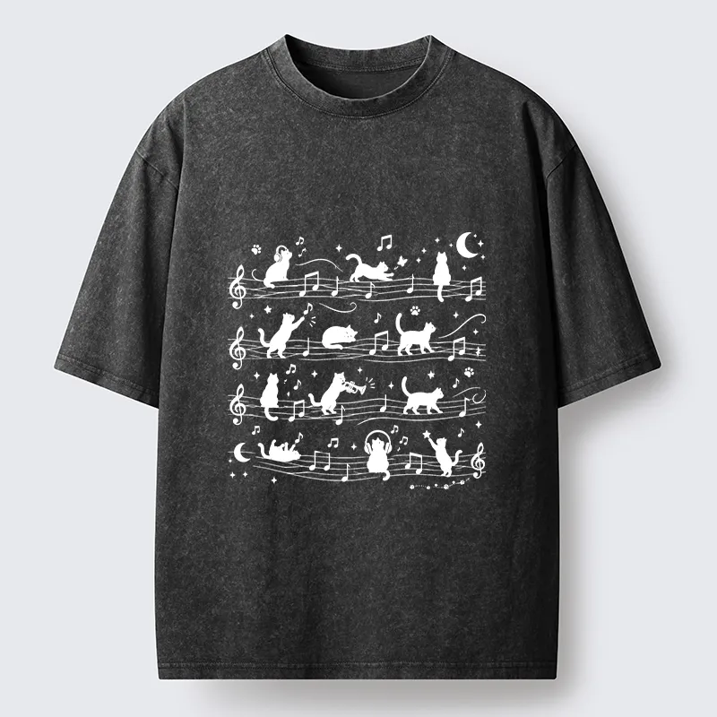 Tokyo‑Tiger Music Staff Cats Funny Meme Washed T‑Shirt Sale