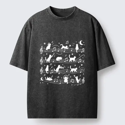 Tokyo-Tiger Music Staff Cats Funny Meme Washed T-Shirt