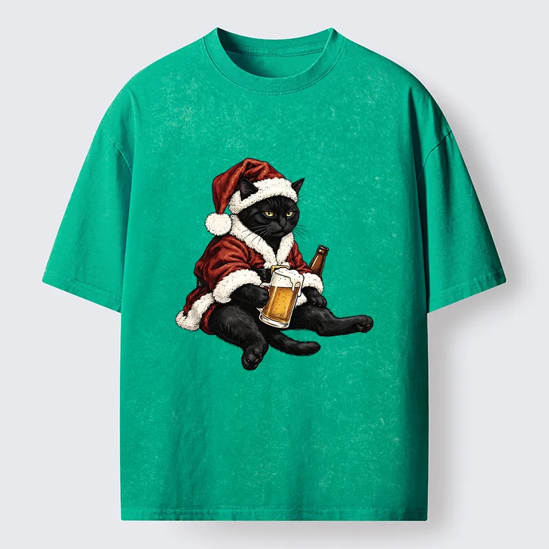 Tokyo-Tiger Chill Santa Black Cat Beer Time Washed T-Shirt