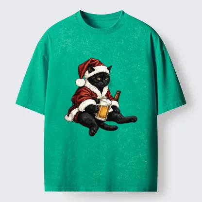 Tokyo-Tiger Chill Santa Black Cat Beer Time Washed T-Shirt