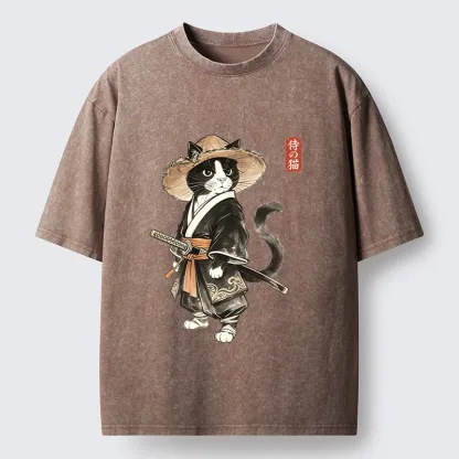 Tokyo‑Tiger Funny Samurai Cute Cat Washed T‑Shirt