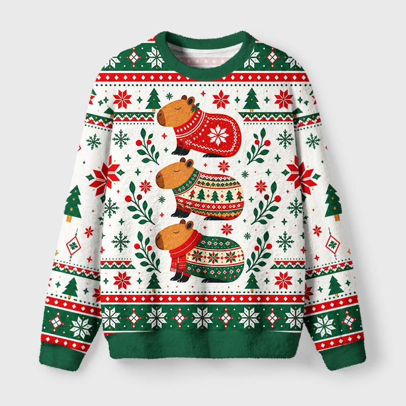 Tokyo-Tiger Funny Capybara Trio Fuzzy Christmas Ugly Sweatshirt