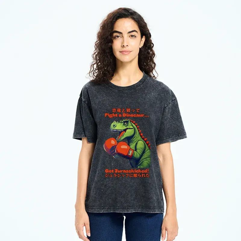 Tokyo-Tiger Fighting Dinosaurs Washed T-Shirt