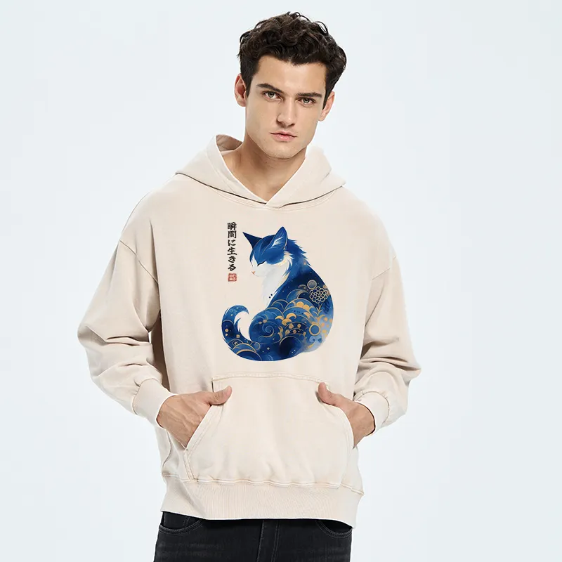 Tokyo-Tiger Retro Zen Cat: Living the Present Washed Hoodie