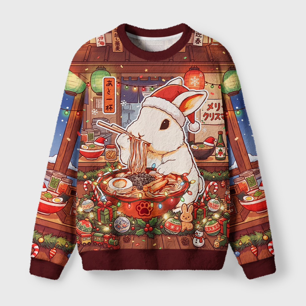 Tokyo-Tiger Japanese Ramen Shop Santa Bunny Fuzzy Christmas Ugly Sweatshirt