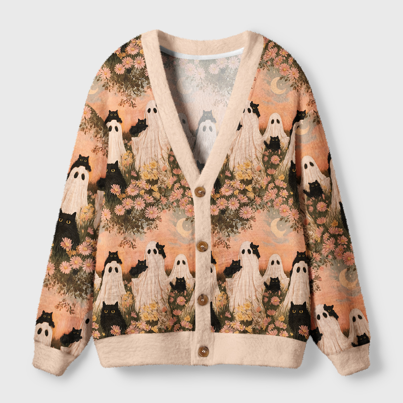 Tokyo-Tiger Enchanted Garden Of Ghosts And Cats Ugly Cardigan Sweater