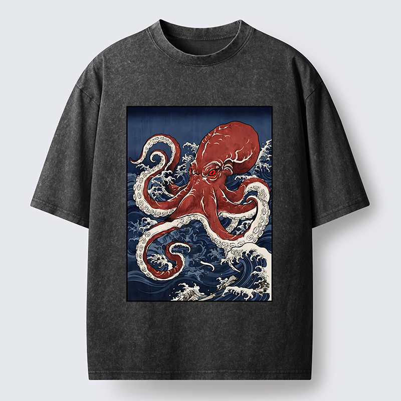 Tokyo-Tiger Japanese Octopus Wave Washed T-Shirt