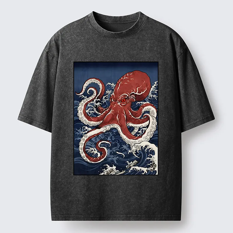 Tokyo-Tiger Japanese Octopus Wave Washed T-Shirt