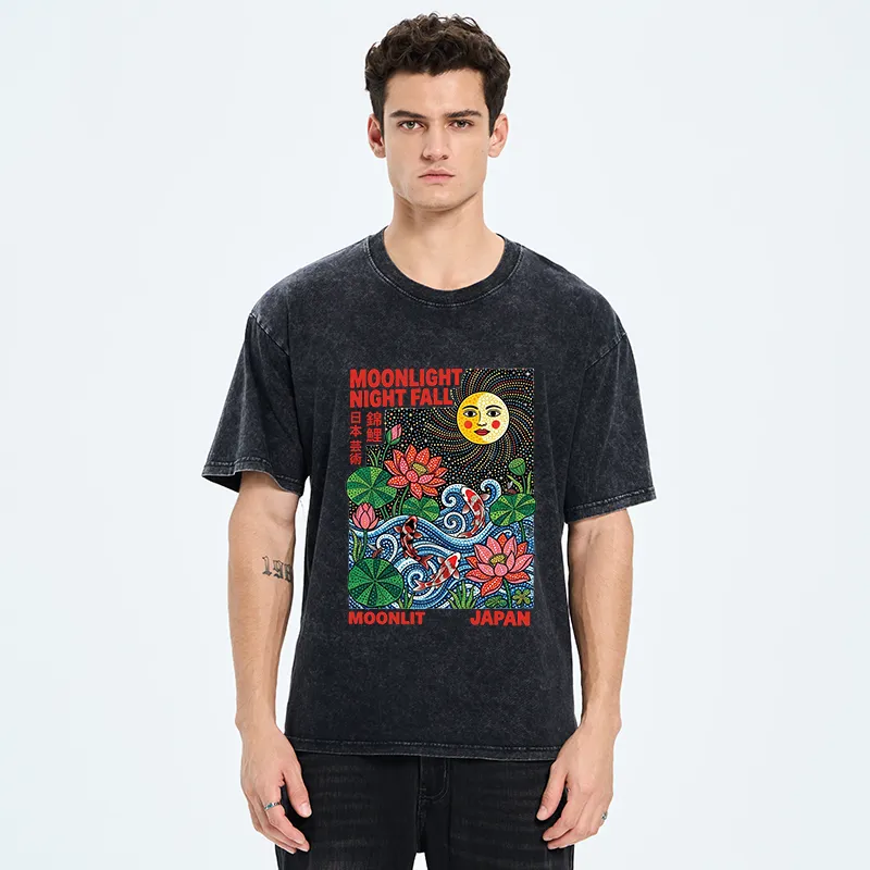 Tokyo-Tiger Japanese Koi Lotus Pond Art Washed T-Shirt