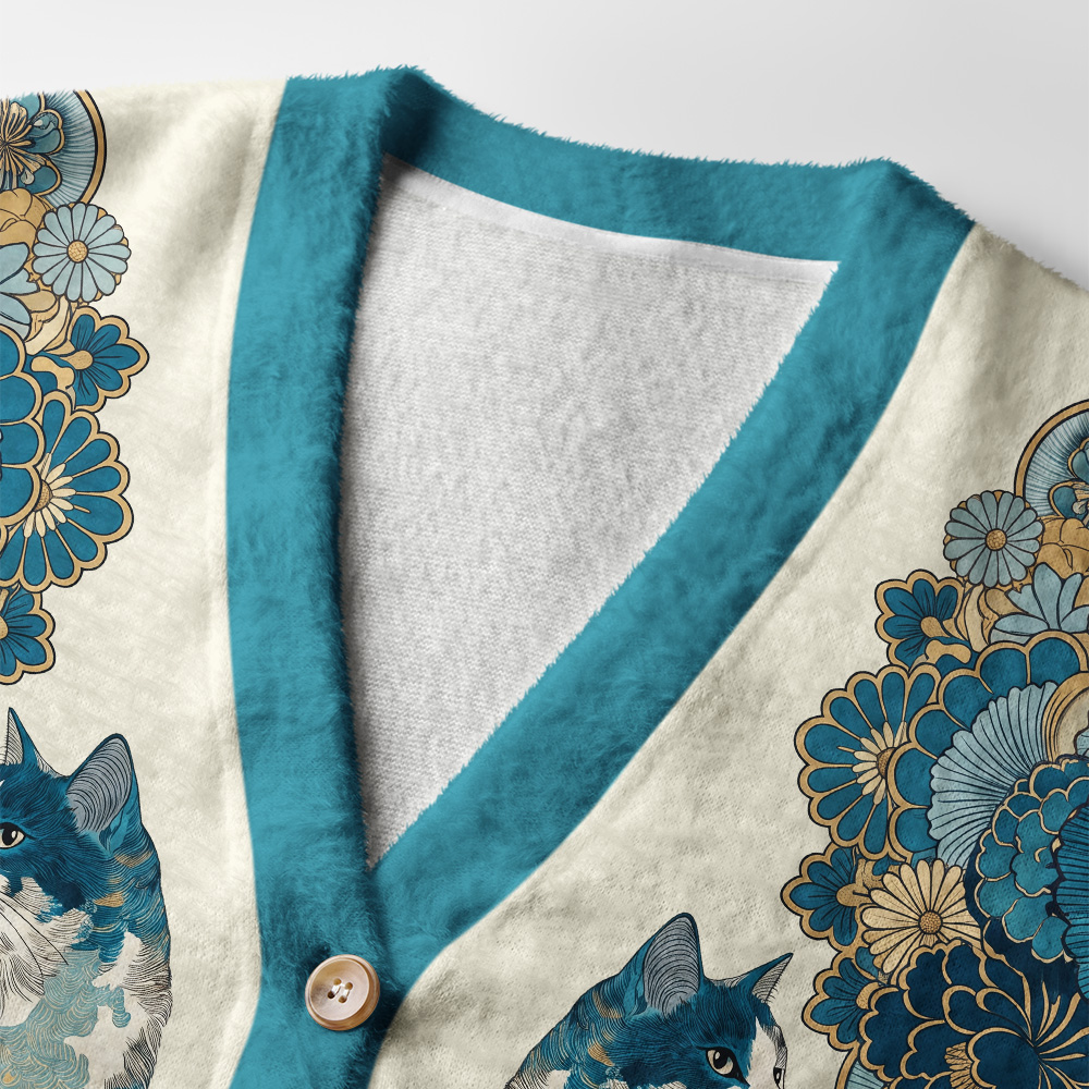 Tokyo-Tiger Blue‑Gilded Flower Cat Ugly Cardigan Sweater