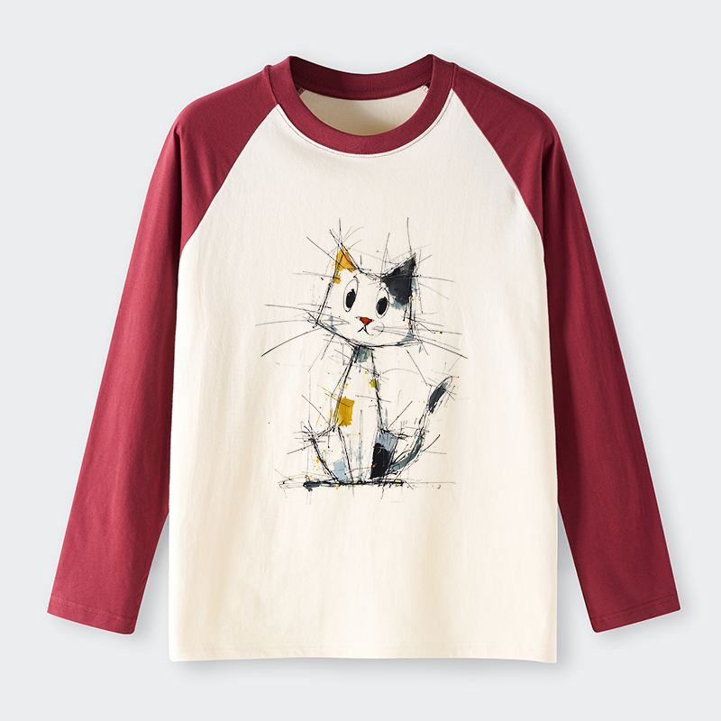 Tokyo-Tiger Minimal Splash Ink Cute Cat Raglan Long Sleeve T-shirt